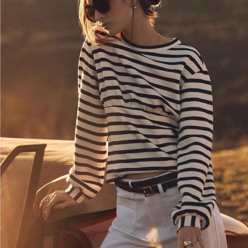 Anthropologie Maeve Corset-Waist Sweatshirt Black and White Striped Women's Top